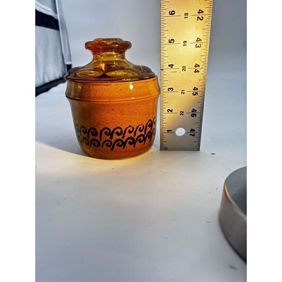 Vintage MCM Japanese Stoneware Small Yellow Crock with Brown Lid Sugar Bowl Butt - Picture 15 of 15